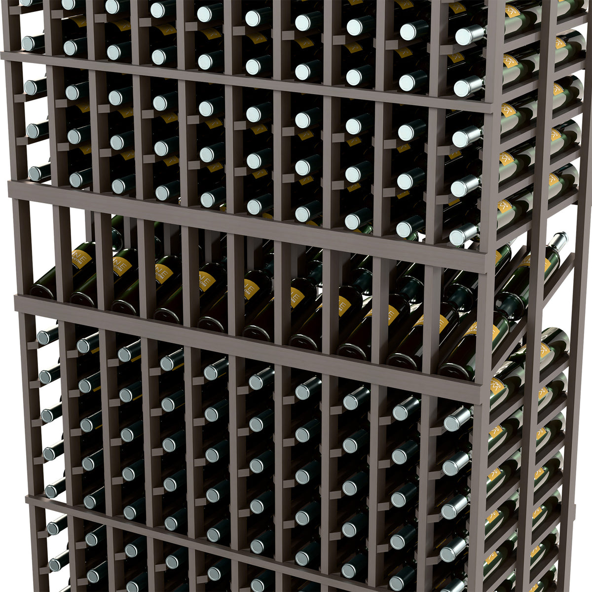 Close-up of dark wood wine rack with bottle holders and horizontal metal support