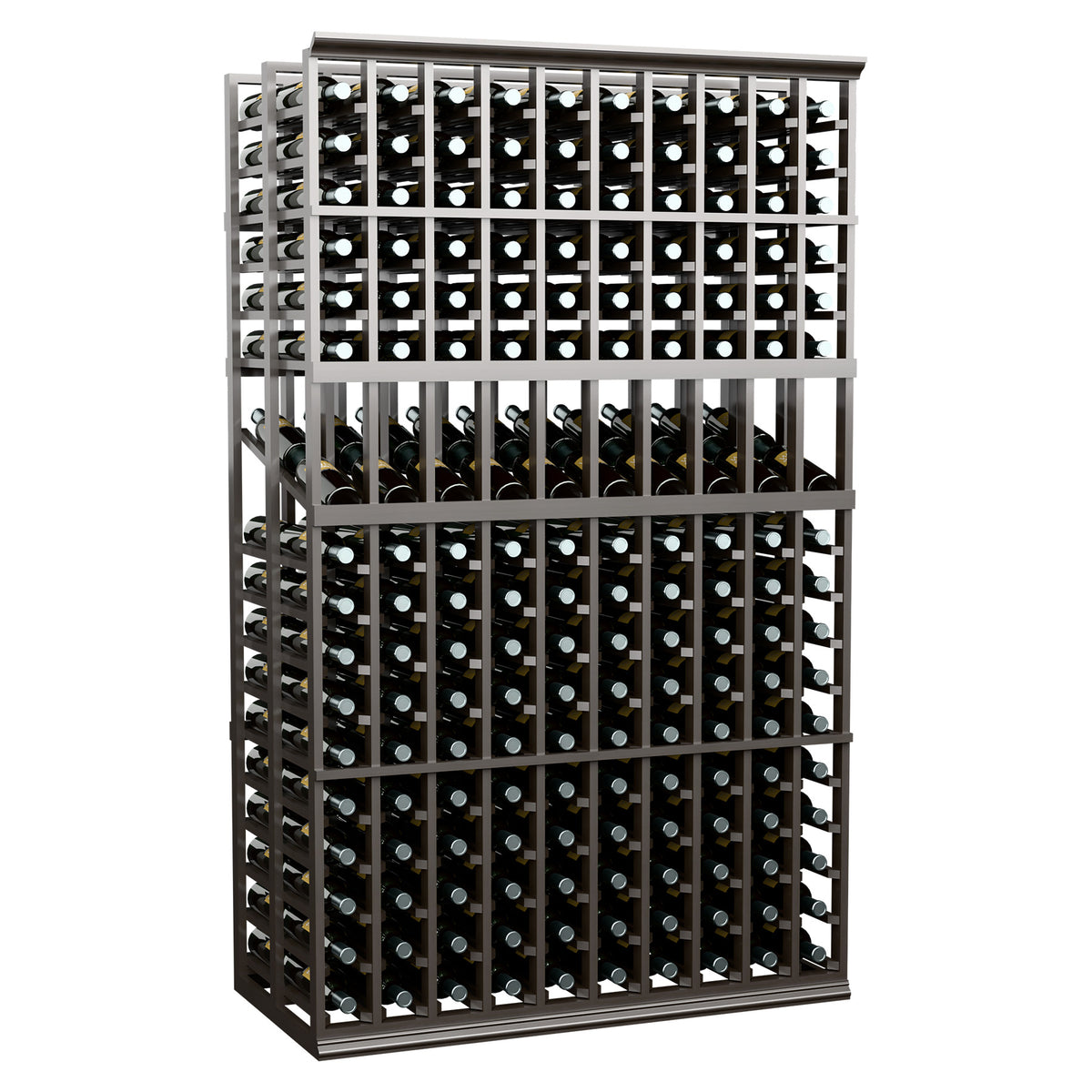 Double deep wine display rack with dark frame and many wine bottles in grid