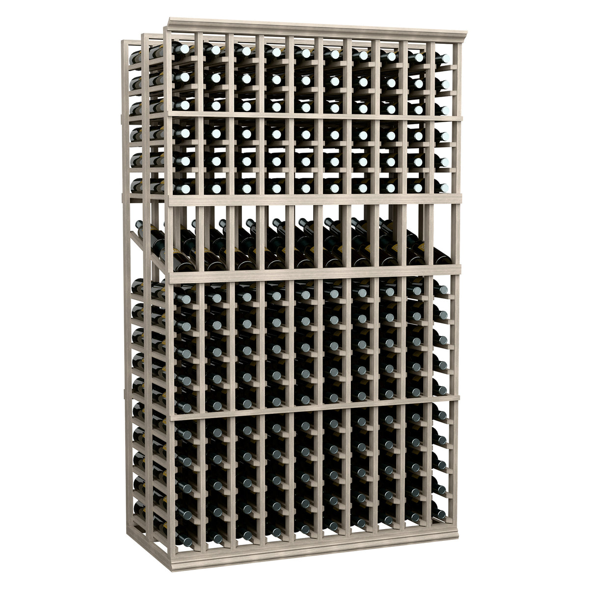 Double-deep wine bottle display rack with 10 columns, dark gray frame
