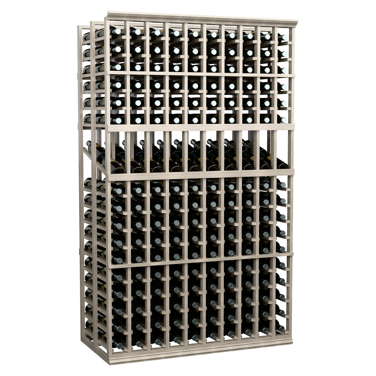 Wine bottle display rack, double-deep 10-column grid, dark gray wood