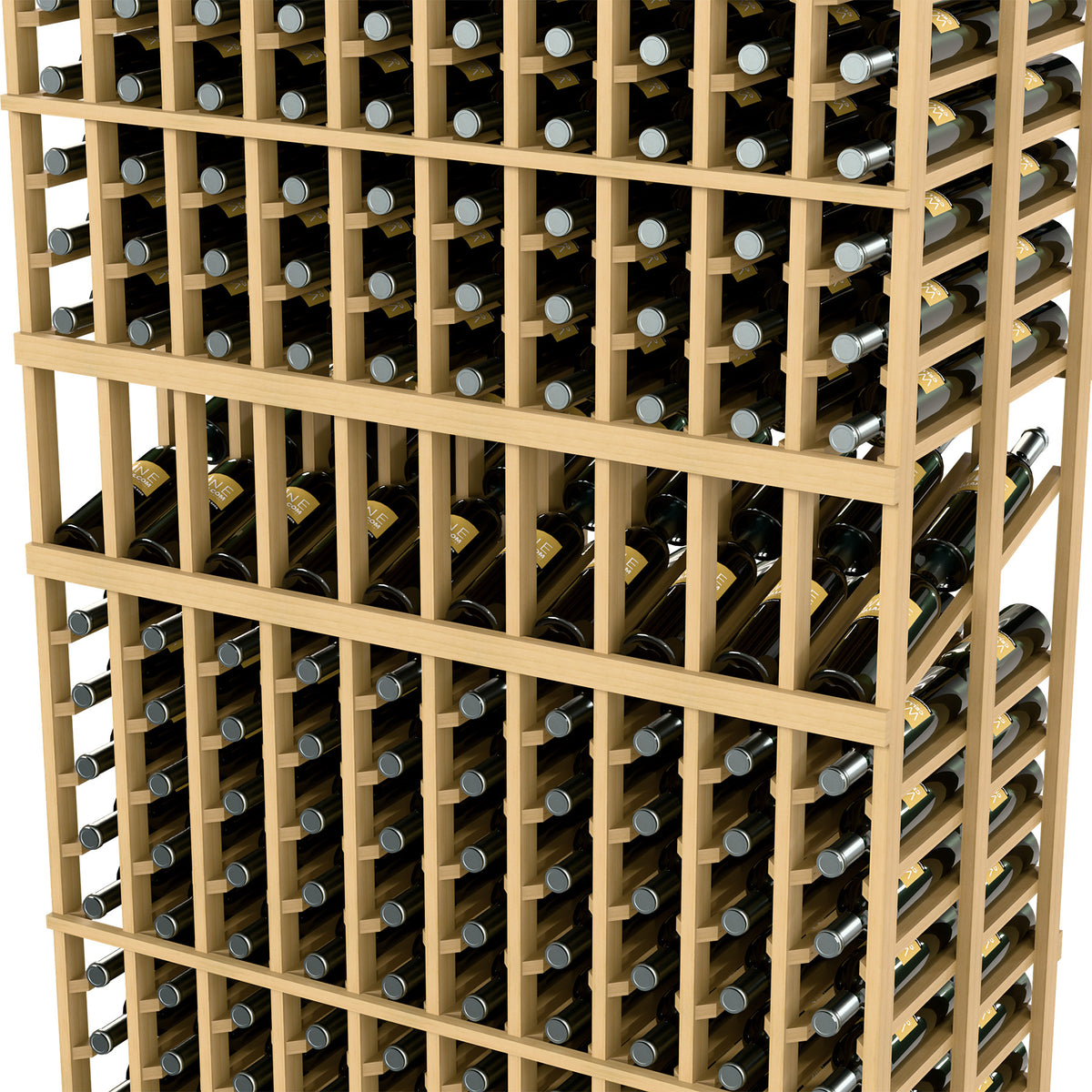 Close-up of double-deep wine rack with 10 columns, light wood grid
