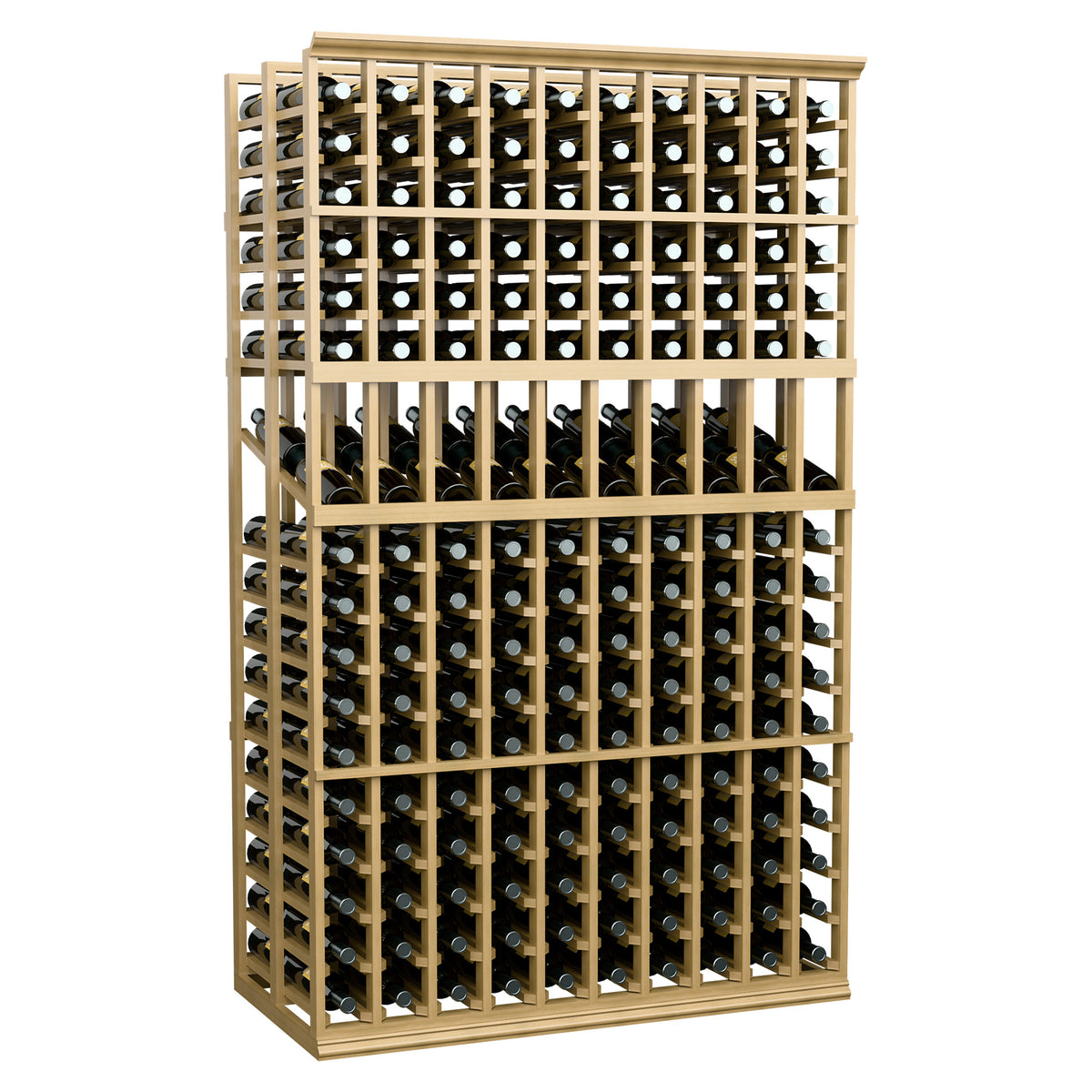 Double-deep wine bottle rack, 10-column display, light wood frame