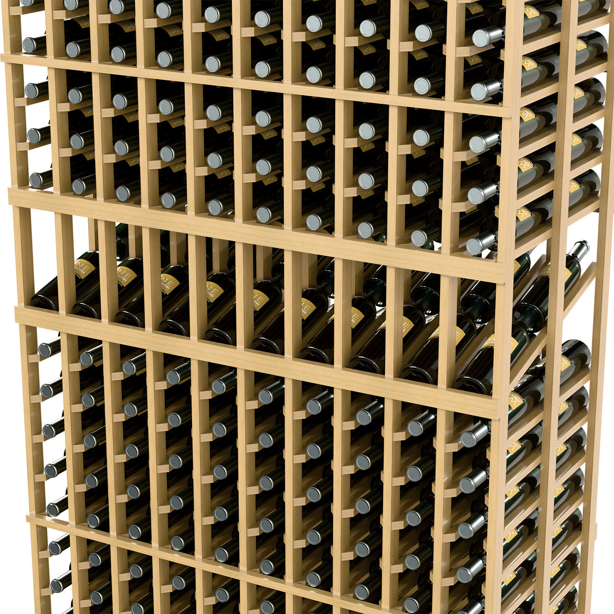 Wine bottle rack close-up with 10 columns, light wood frame and bottle holes