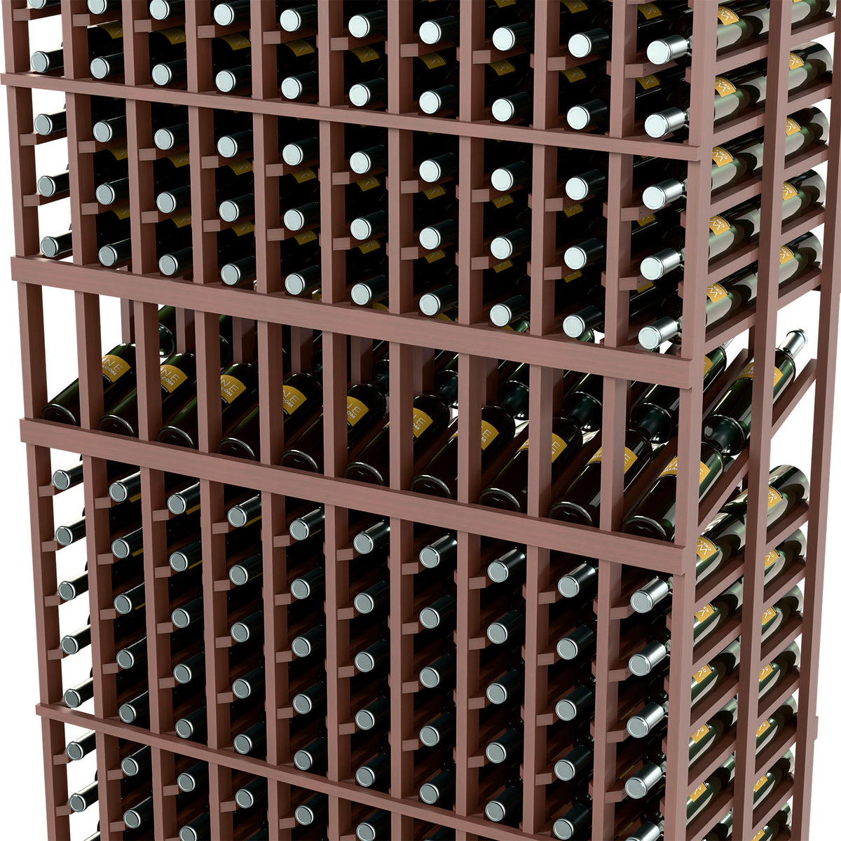 Close-up of double-deep wine rack with 10 columns, dark brown wood frame