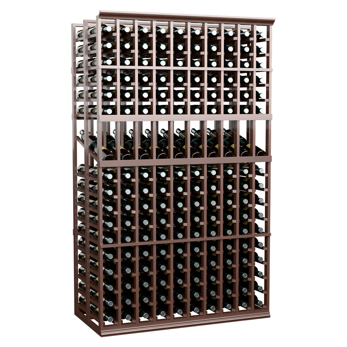 10-column double deep wine display rack with dark wood frame and metal bottle holders
