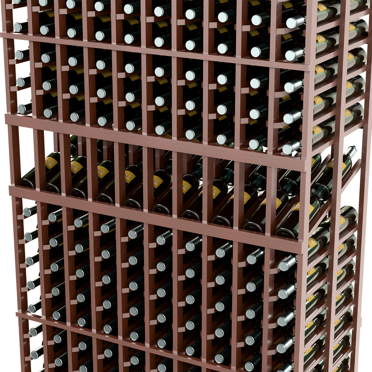 Close-up of dark wood wine rack with bottle slots and silver label holders