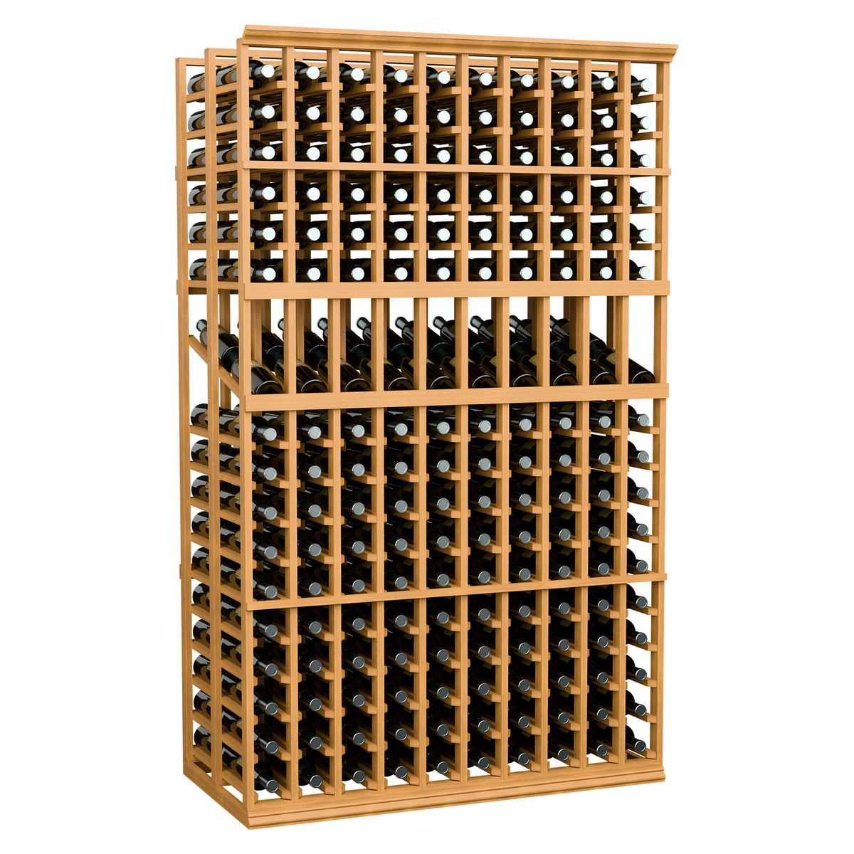 10-column double deep wine display rack with light wood frame and bottle slots