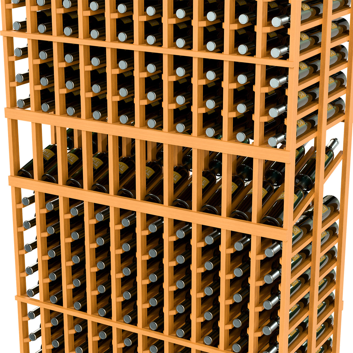 Close-up of light wood wine rack with bottle holders and front grid rails