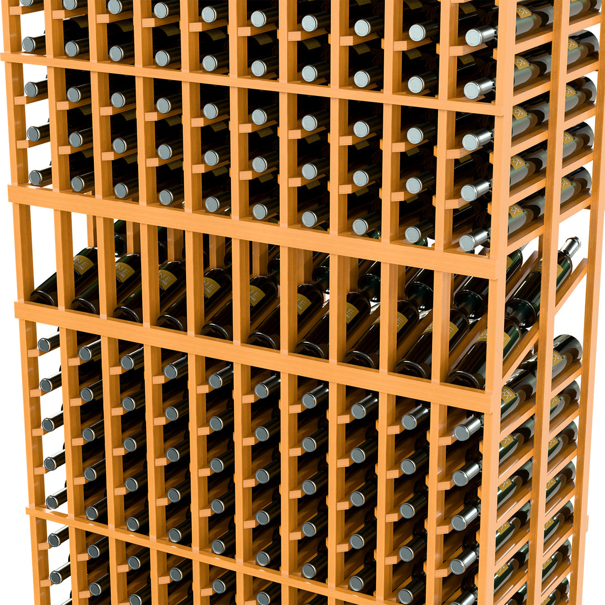 Close-up of light wood wine rack with bottle slots and metal label plates