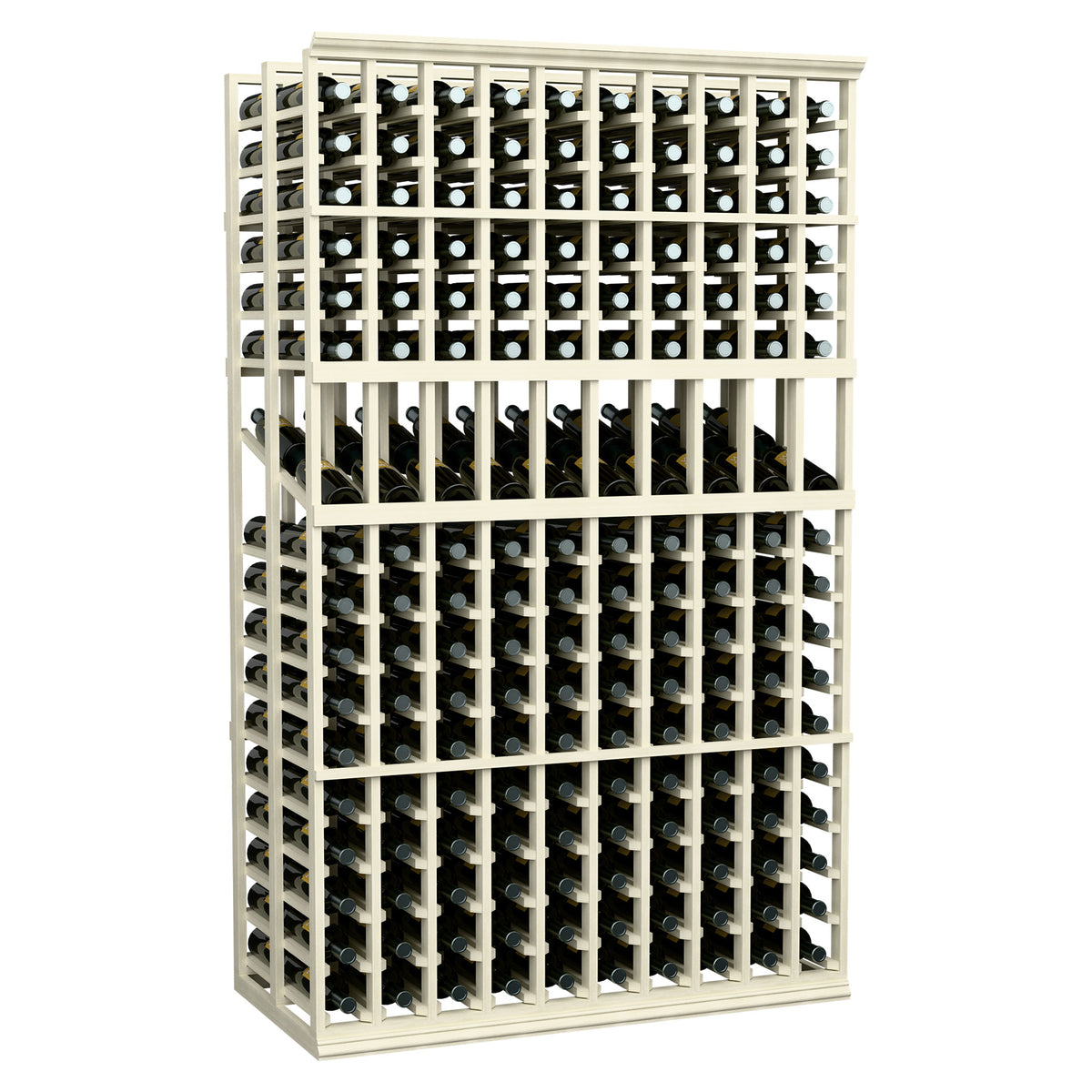 10-column double deep wine display rack with white frame and bottle storage compartments