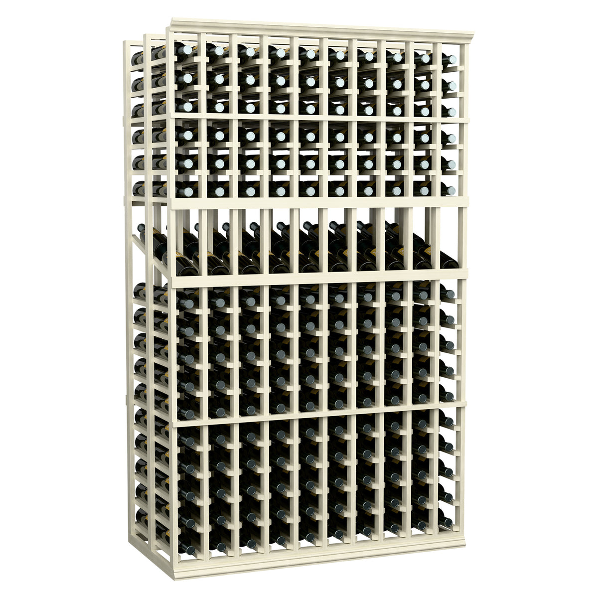 10-column double deep wine display rack with white frame and two-layer bottle rows