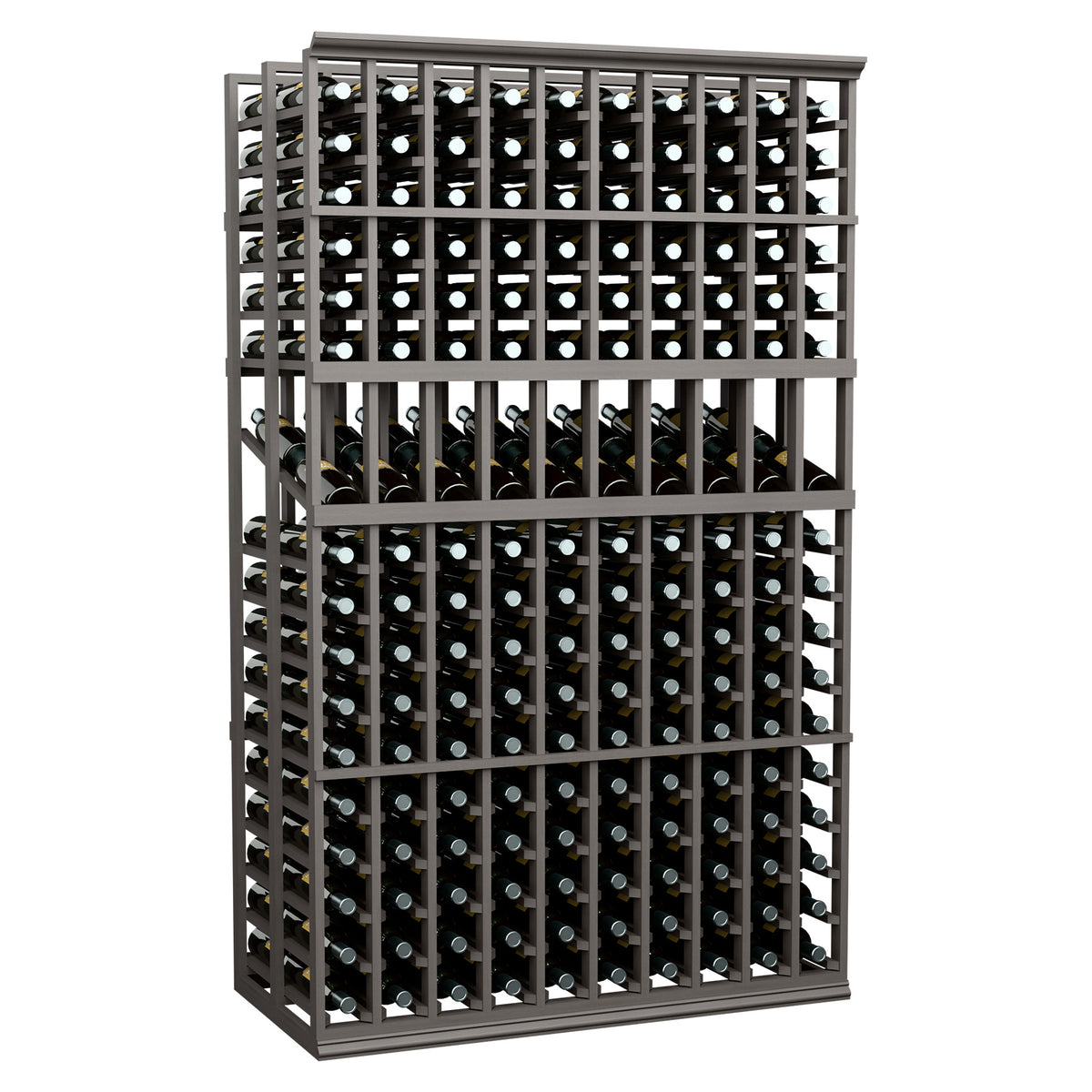 Double-deep wine display rack with dark frame and front row bottle neck holders