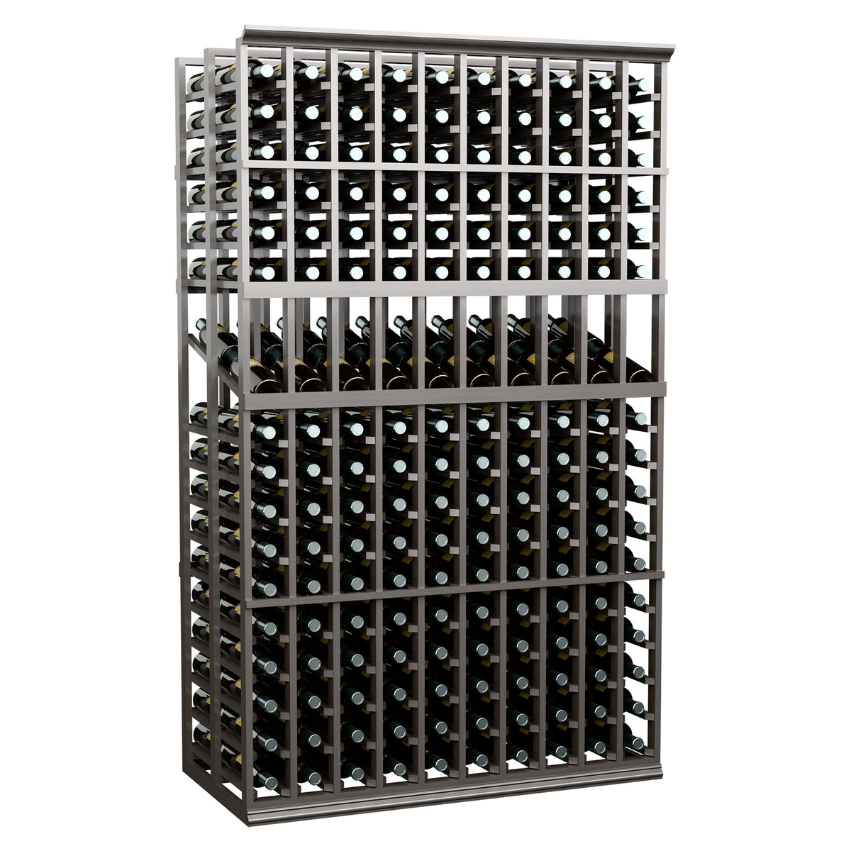 Double-deep wine display rack with dark frame and two-tier bottle storage