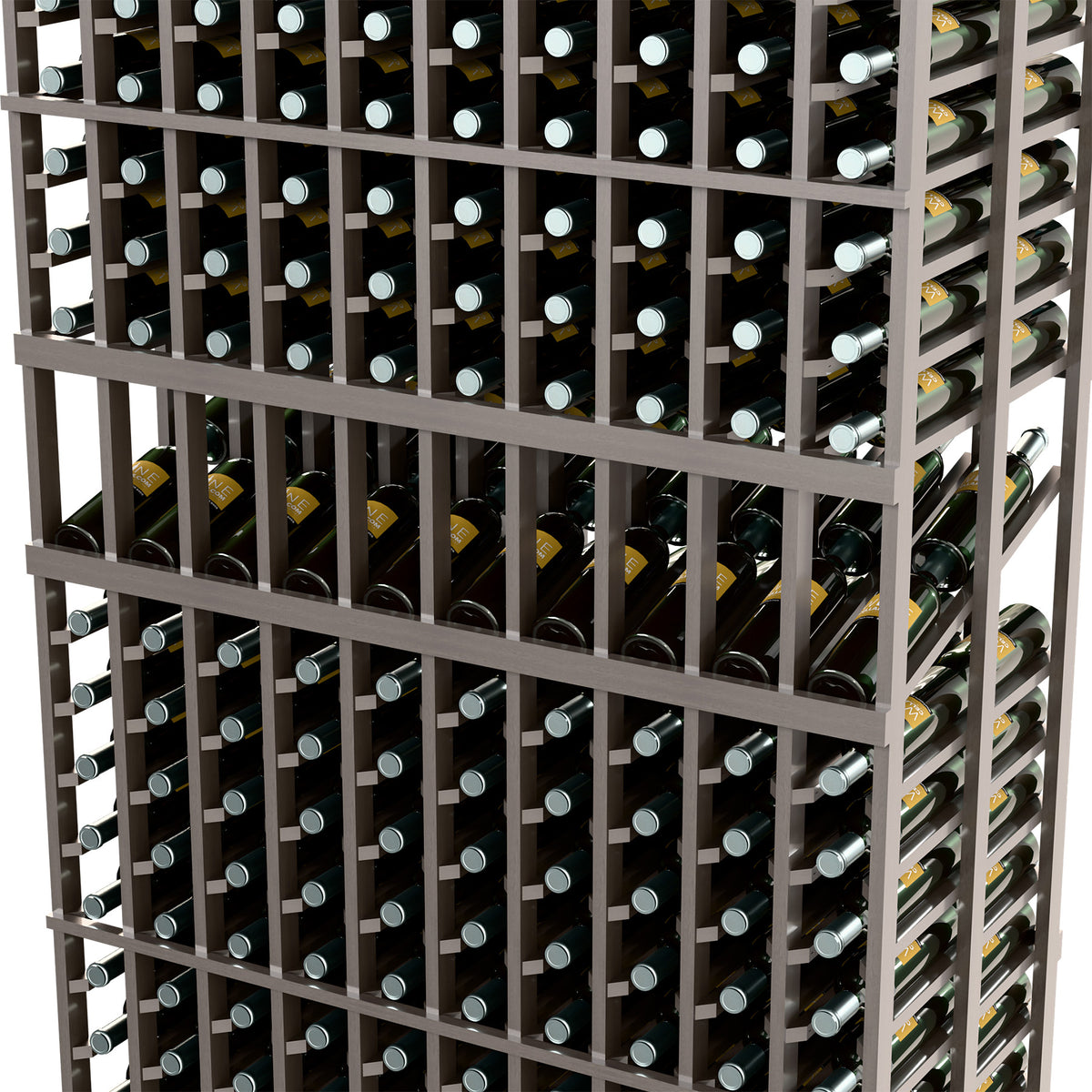 Double-deep wine display rack close view of dark slats holding wine bottles