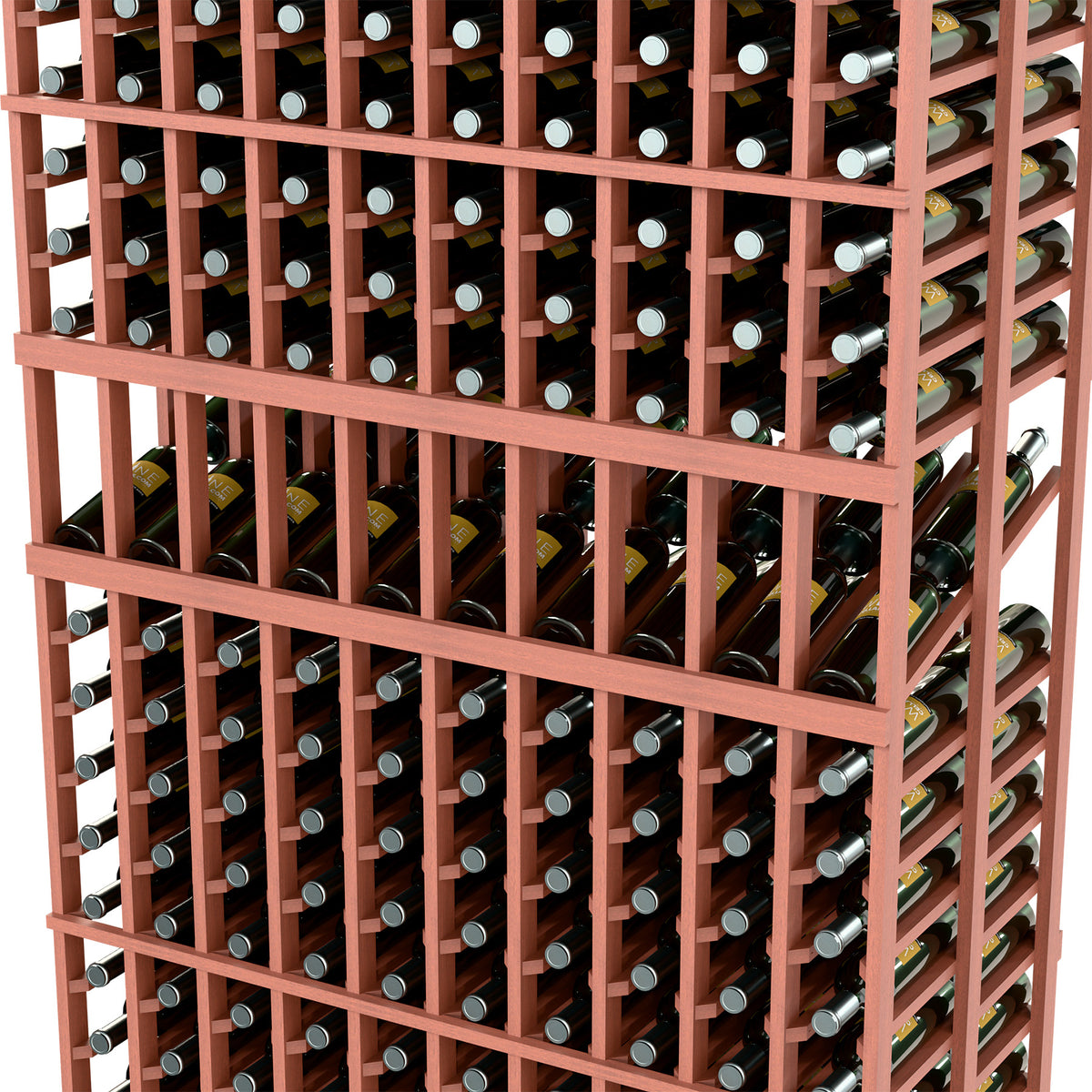 Double-deep wine display rack close view with reddish-brown slats and bottle slots