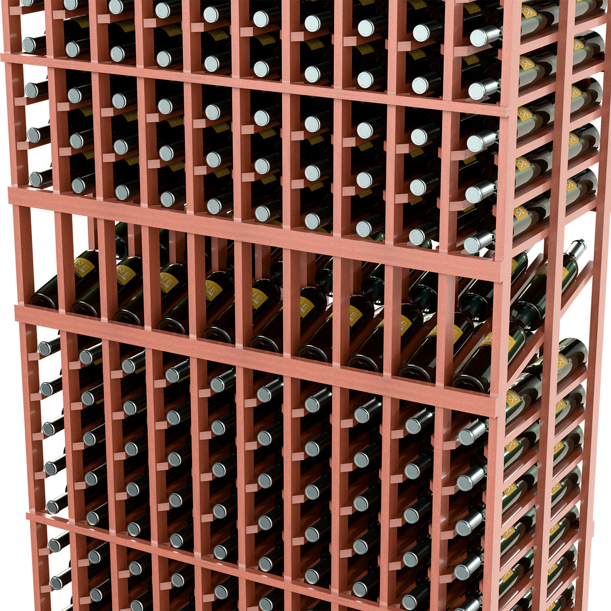 Double-deep wine display rack close view of reddish-brown grid holding wine bottles