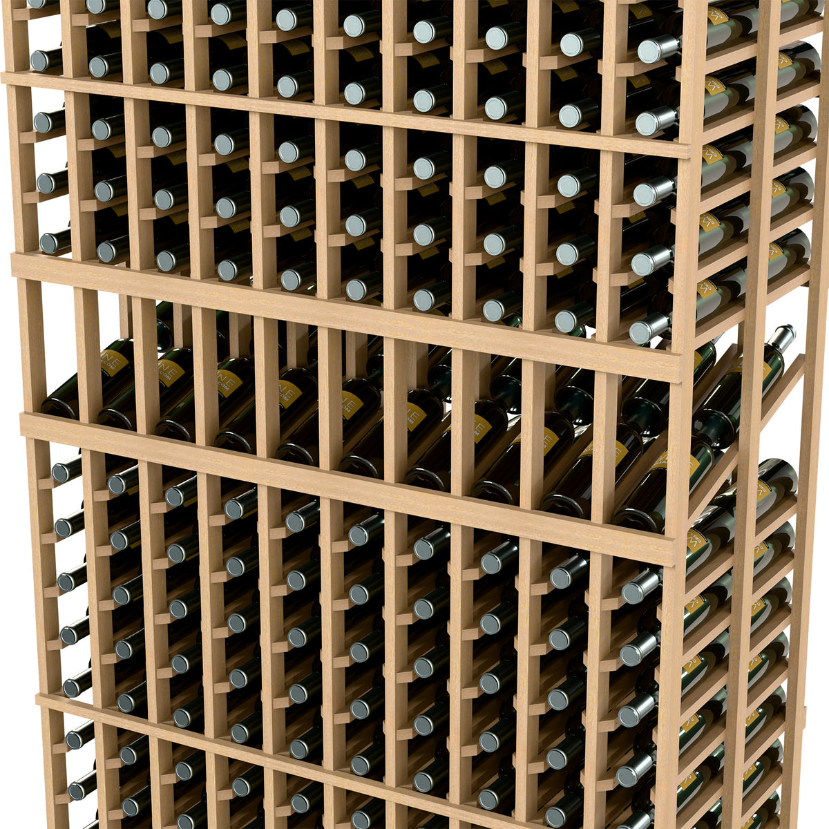 Double-deep wine display rack close view with light tan slats holding wine bottles