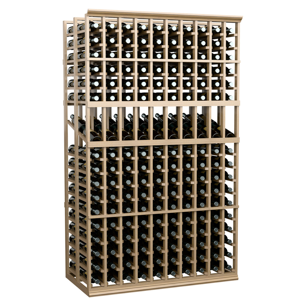 10-column double-deep wine bottle display rack, light wood frame with metal pegs