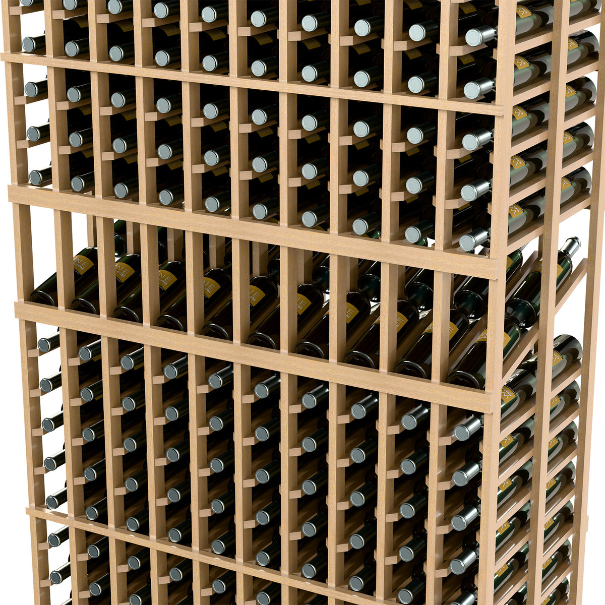 Wine bottle display rack with light wood dividers and circular bottle pegs
