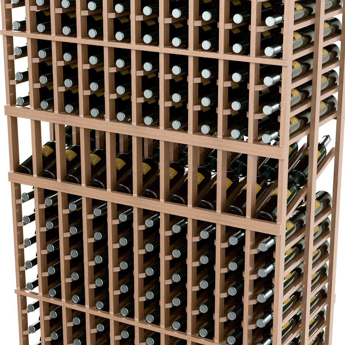 Wine bottle display rack section with light wood slats and peg-supported bottles
