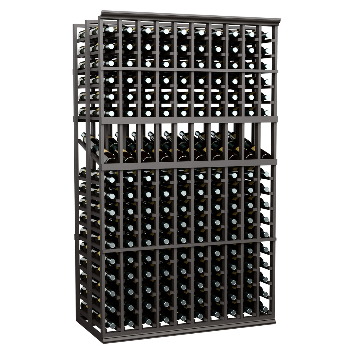 10-column double-deep wine bottle display rack, dark frame with metal bottle pegs