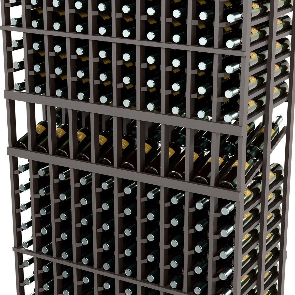 Close-up of dark wine bottle display rack with crossbars and circular bottle pegs