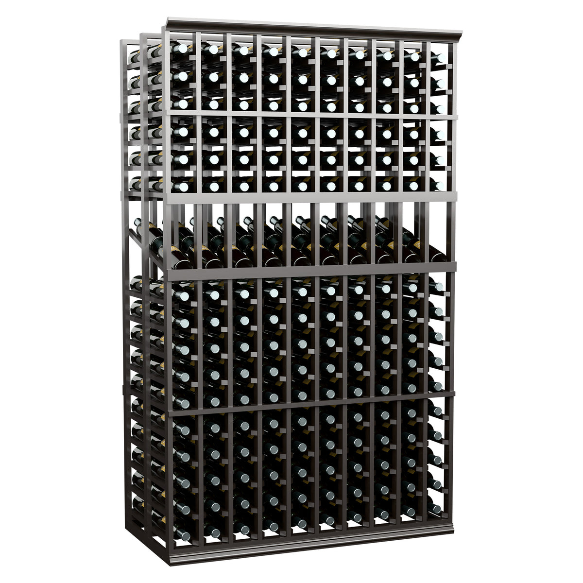 10-column double-deep wine bottle display rack, dark frame and peg-lined bottle slots