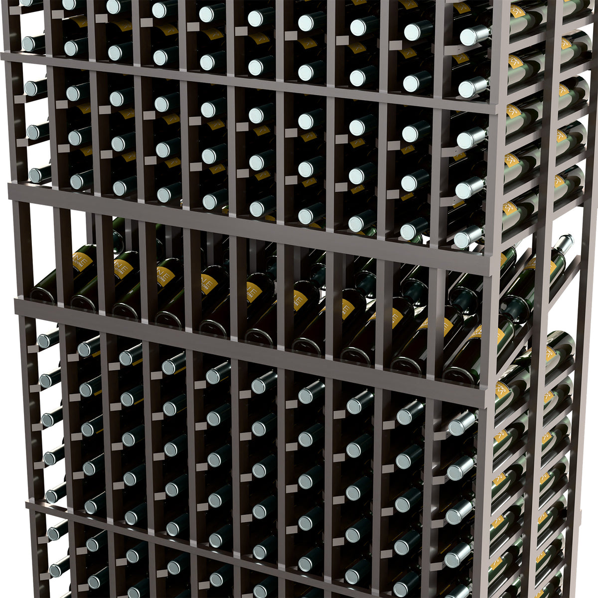 Wine bottle display rack with dark slats and peg rows holding bottles at angles