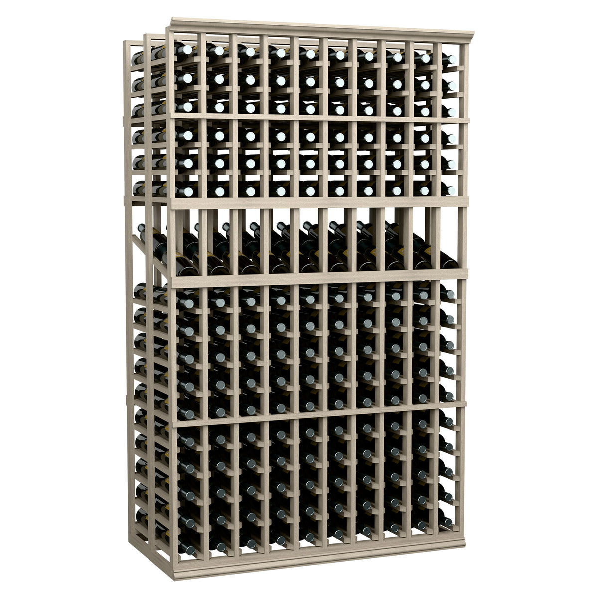 Wine bottle display rack, 10-column double-deep 6-ft, dark frame with cubbies