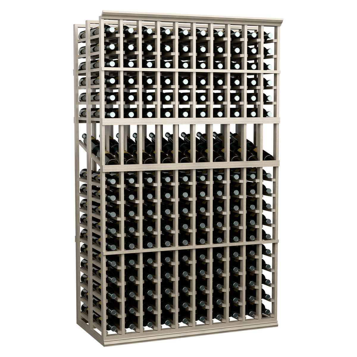 Wine bottle display rack, double-deep 10-column 6-ft, dark frame, front view