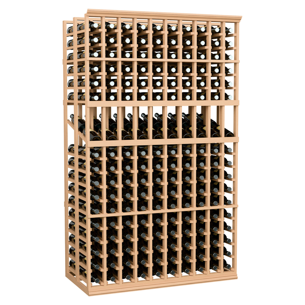 Wine bottle display rack, 10-column double-deep 6-ft, light wood frame with cubbies