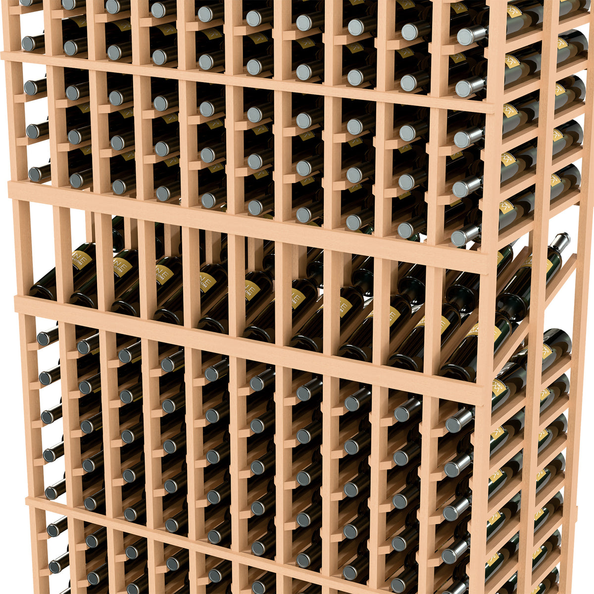 Wine bottle display rack close-up, light wood frame grid with round bottle openings
