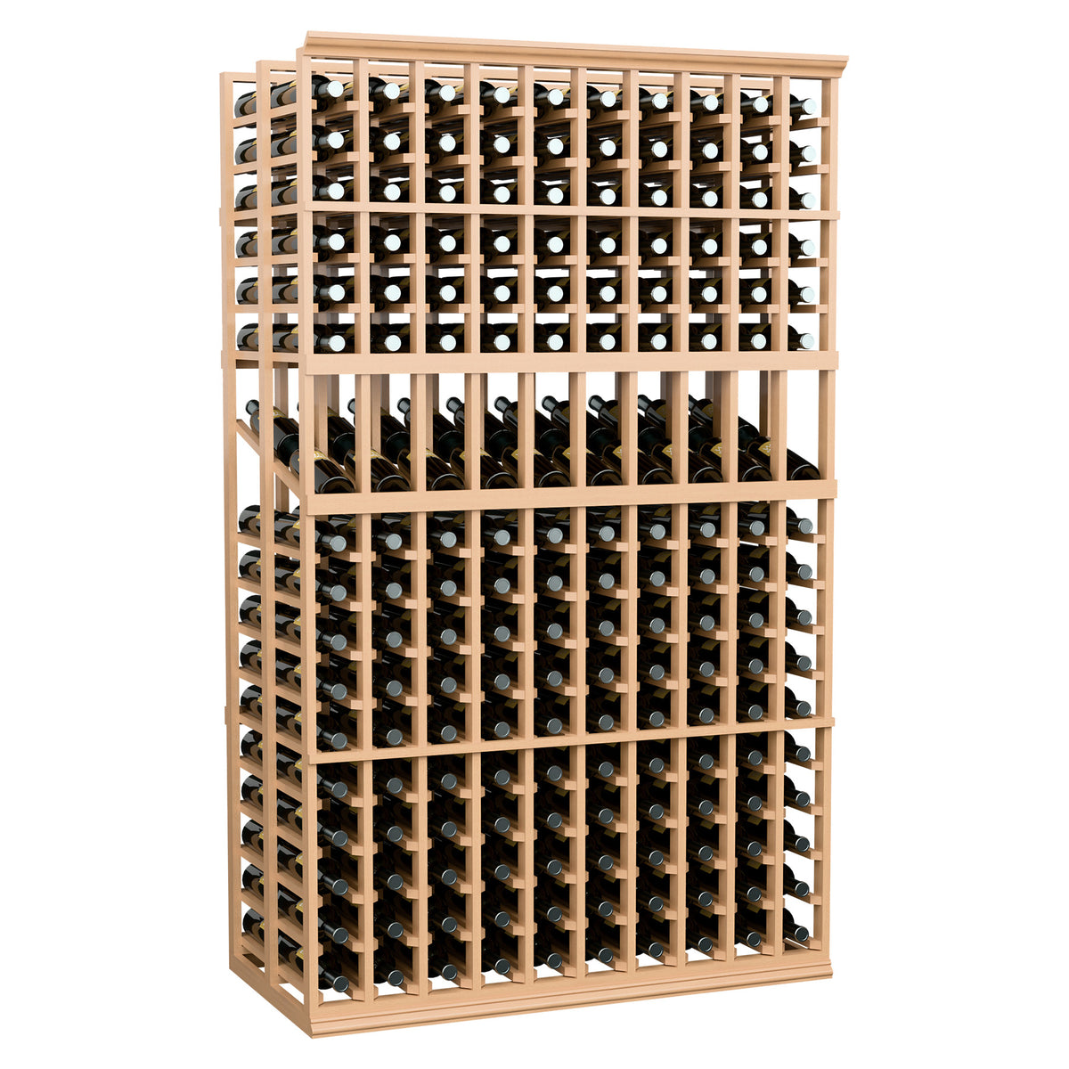 Wine bottle display rack, double-deep 10-column 6-ft, light wood frame, front view