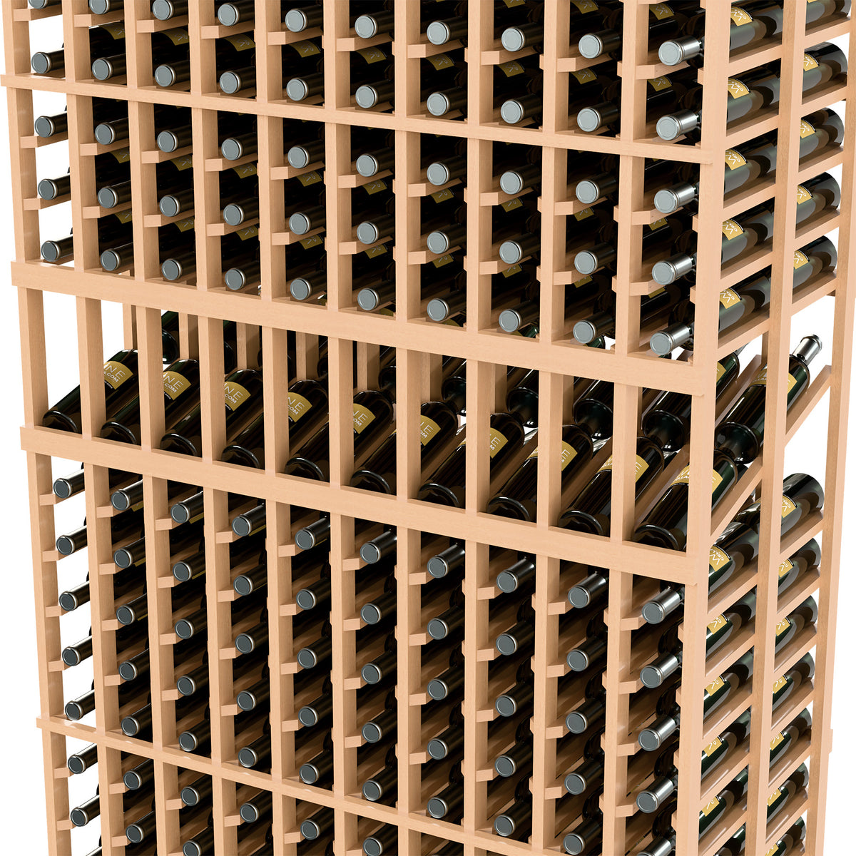 Wine bottle display rack close-up, light wood frame shelves holding bottles