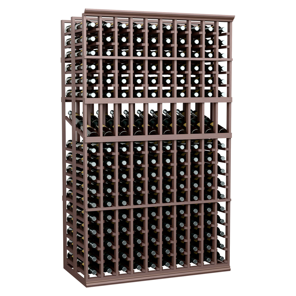Wine bottle display rack, 10-column double-deep 6-ft, dark frame with bottle rows