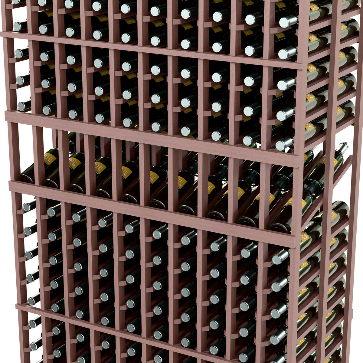 Wine bottle display rack close-up, dark frame grid with bottles in slots