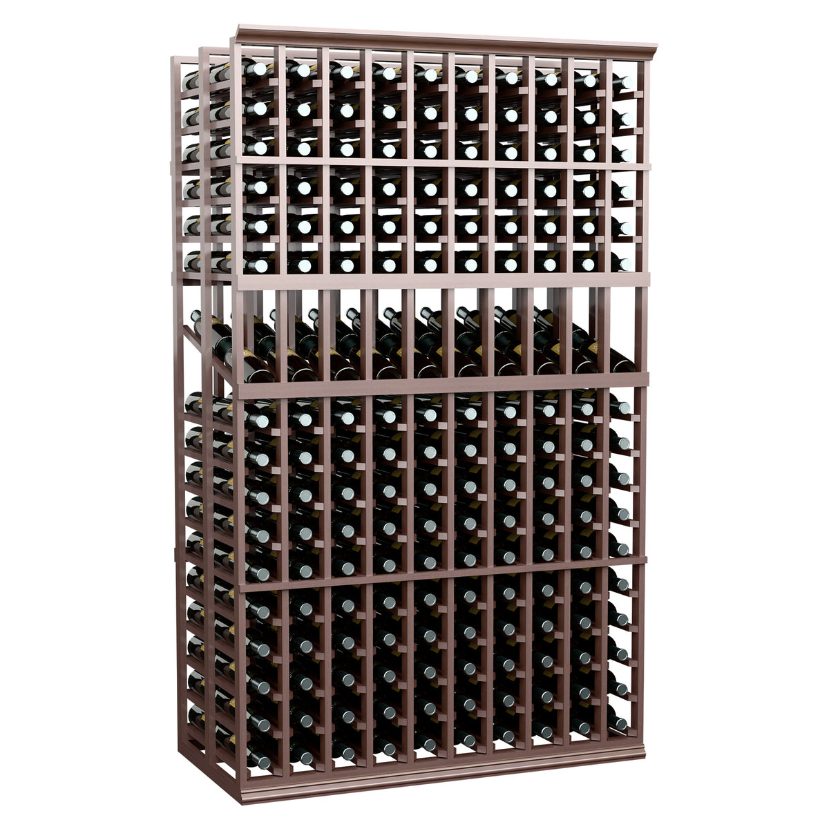 Dark wood wine bottle display rack, 10 columns, double-deep front with bottle slots.