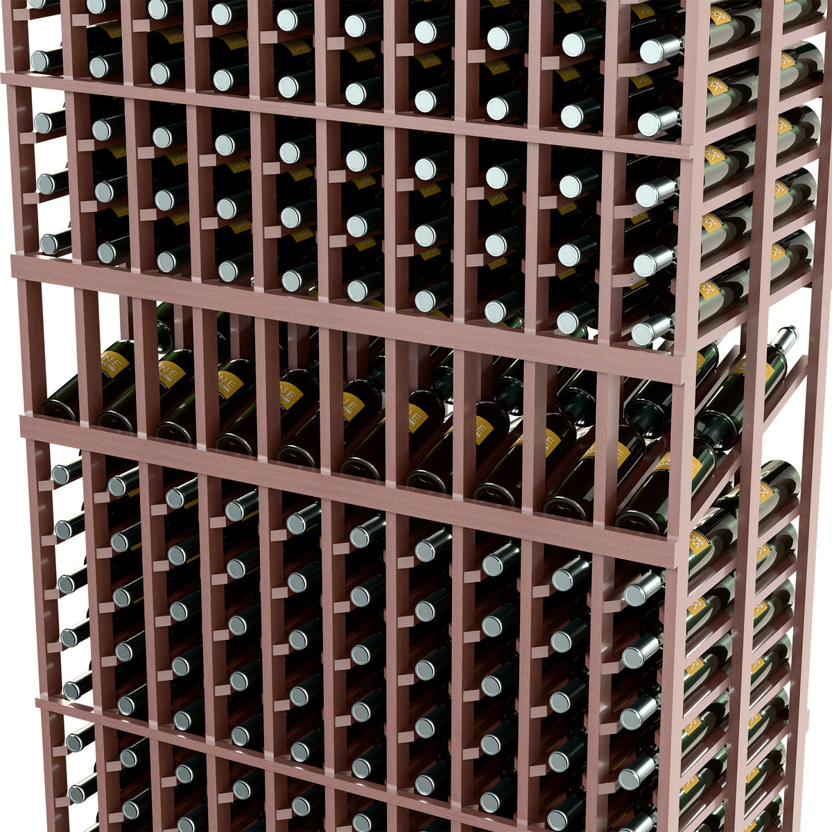 Dark wood wine bottle display rack showing two-depth bottle rows in 10 columns.