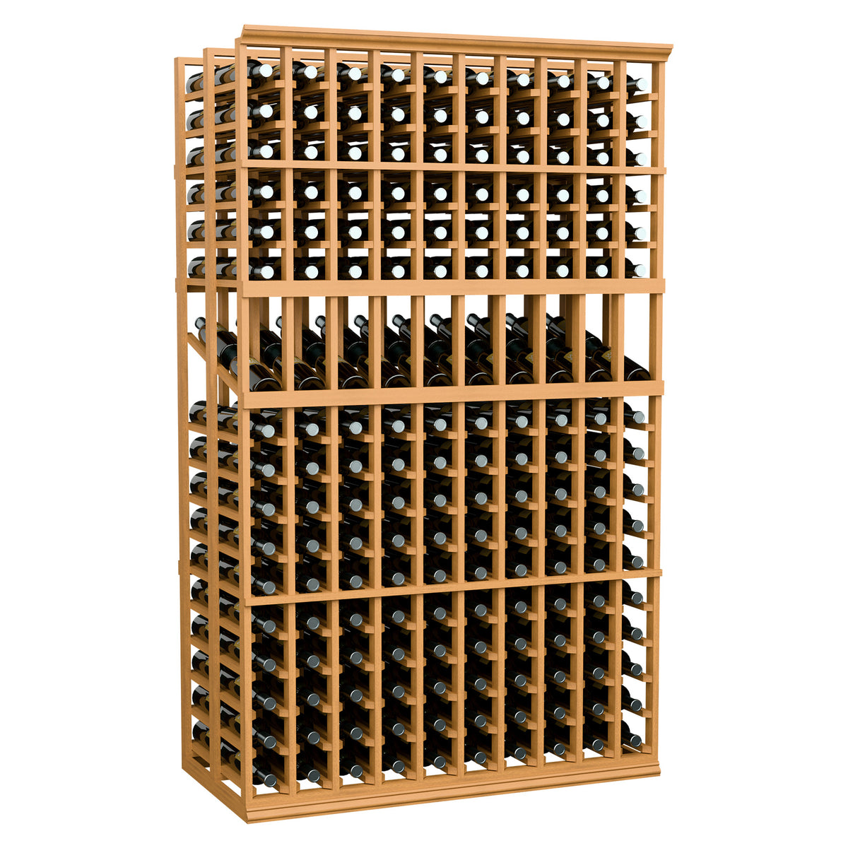 Light wood wine bottle display rack, 10 columns, double-deep with bottle slots.