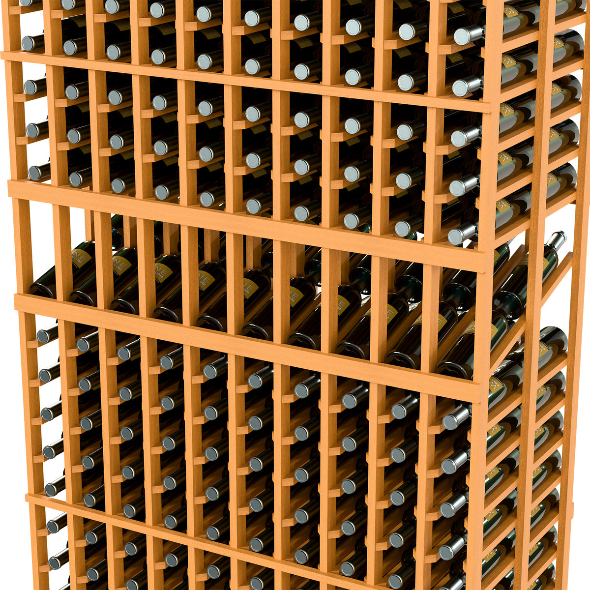 Light wood wine bottle display rack detail with two-depth bottle holders, 10 columns.