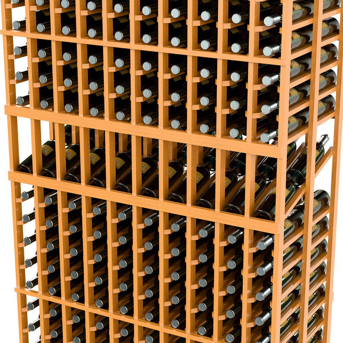 Natural-tone wine bottle display rack close-up of bottle holders, 10 columns, double-deep.