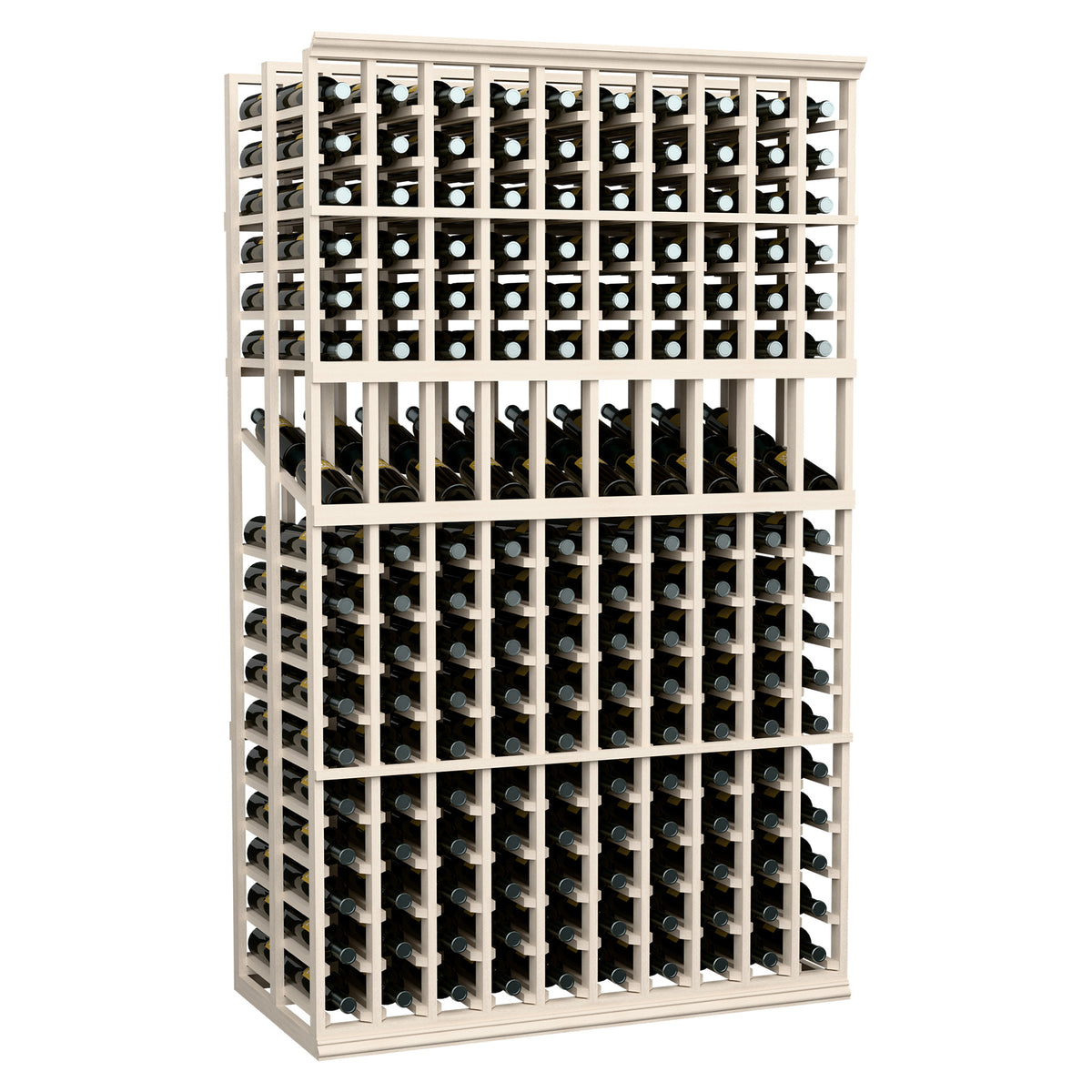 White wine bottle display rack, 10 columns, double-deep with bottle slots.