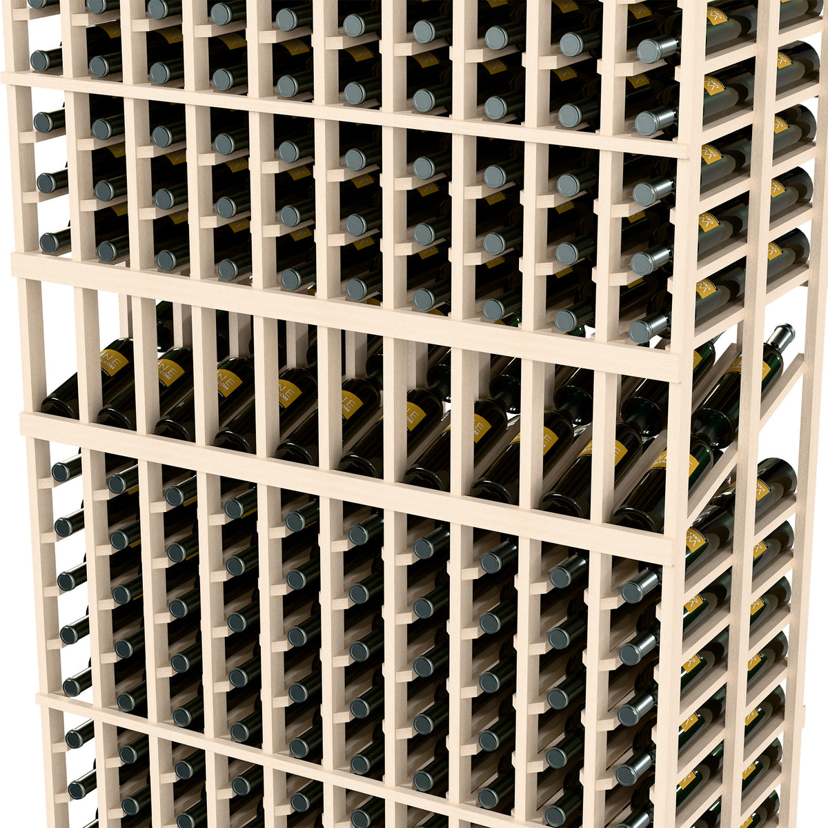 White wine bottle display rack close-up showing two-depth bottle rows, 10 columns.