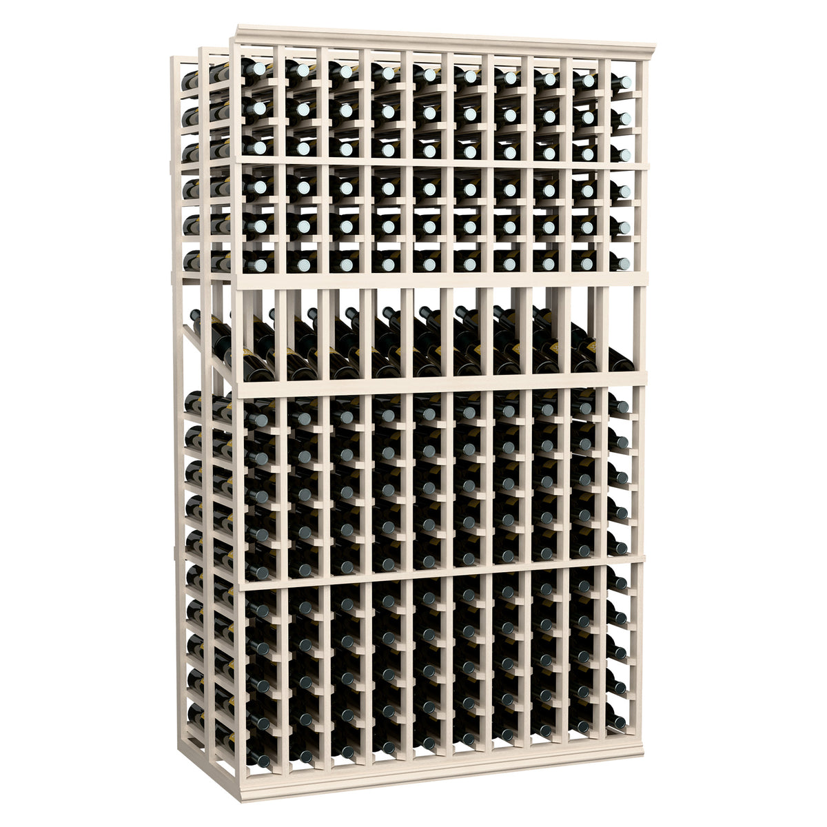 White wine bottle display rack with front grid and double-deep bottle storage, 10 columns.