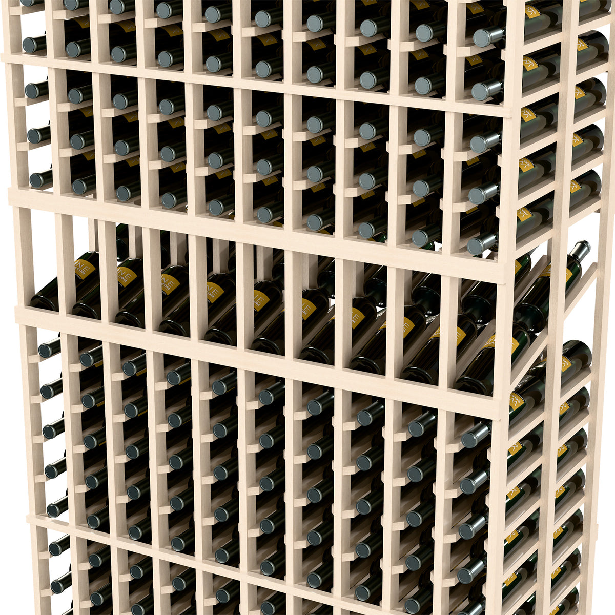 White wine bottle display rack close-up of bottle holders, showing double-deep rows.