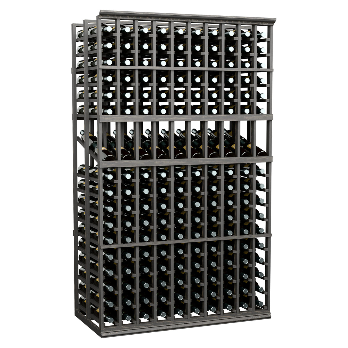 Wine bottle display rack with dark frame and two deep rows of bottles, front view