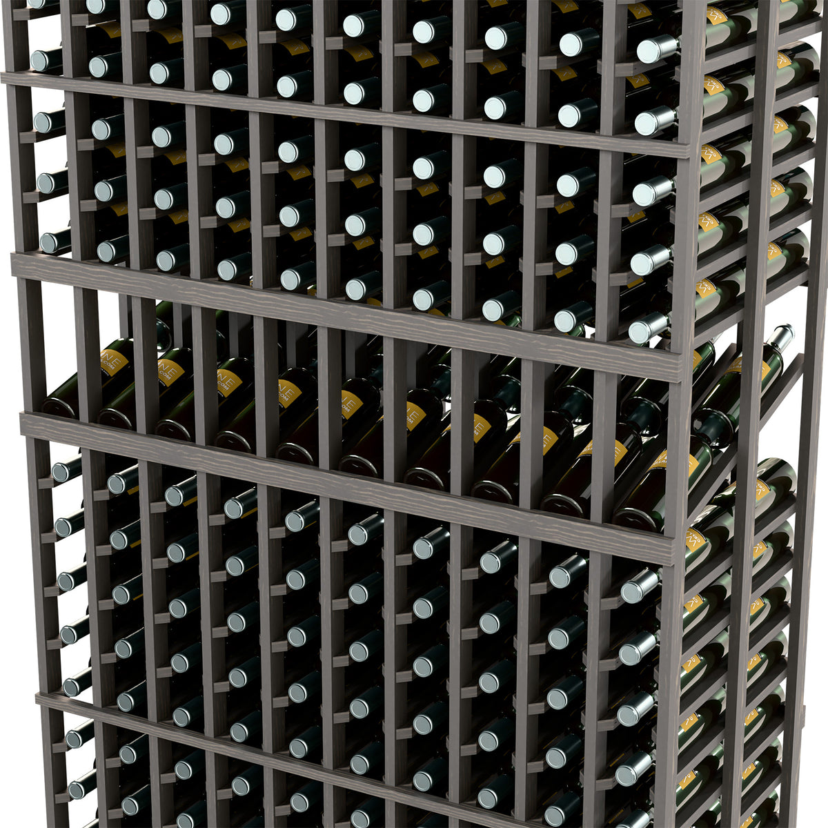 Wine bottle display rack close-up with dark grid shelves and bottle necks in rows