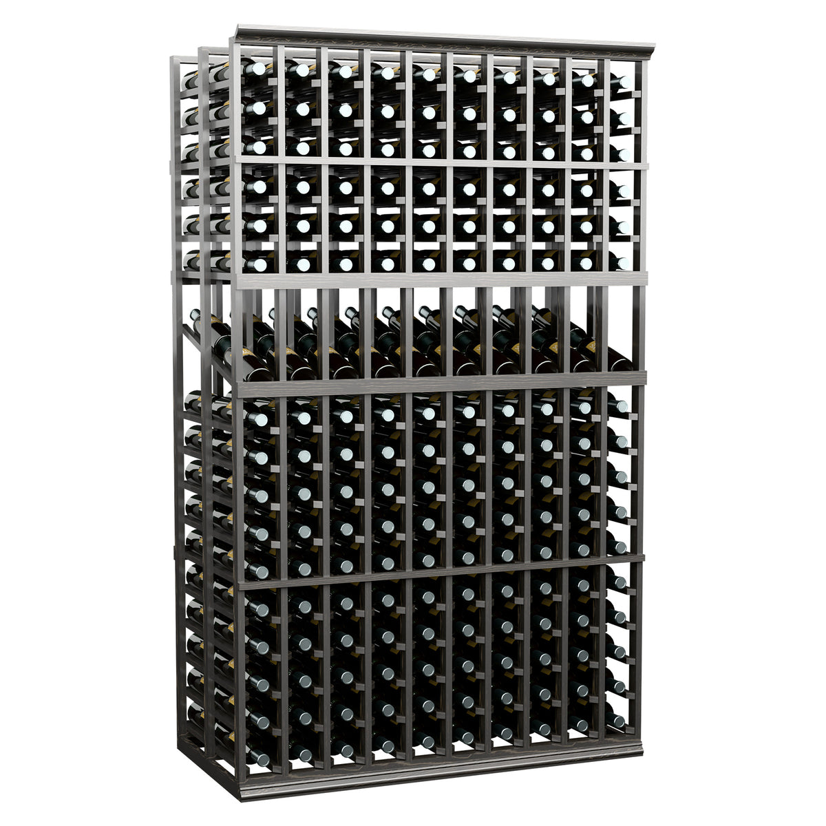 Double-deep wine bottle rack with dark slat frame and multiple bottle openings, front