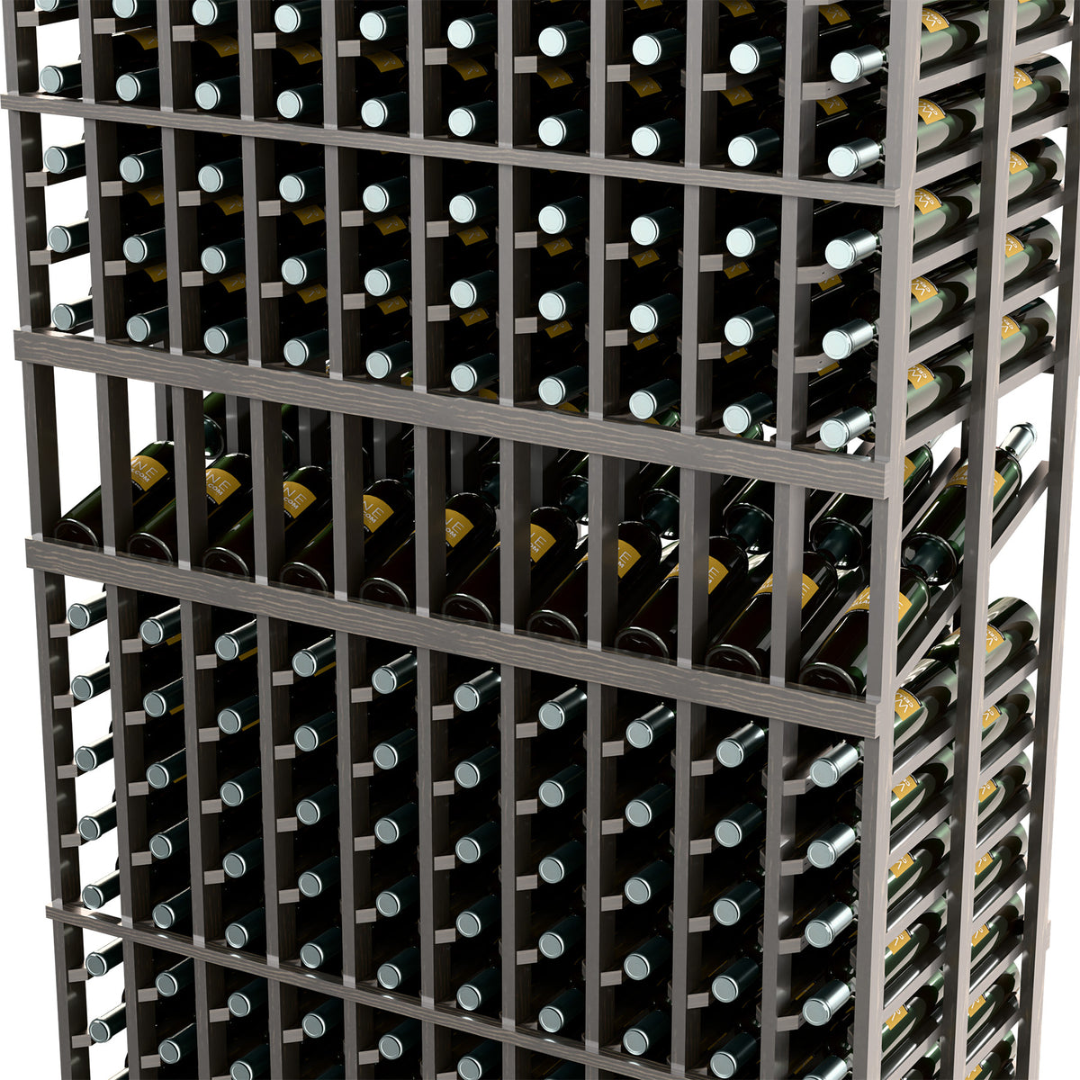 Wine bottle display rack angled view showing dark shelves and bottle necks in slots