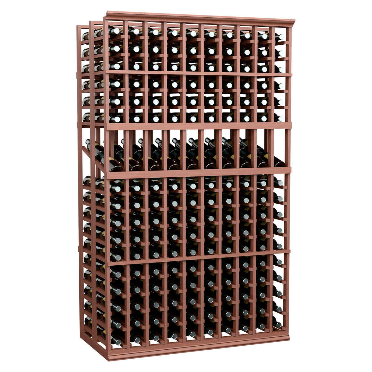Wine bottle display rack with warm brown frame and two deep rows of bottles, front